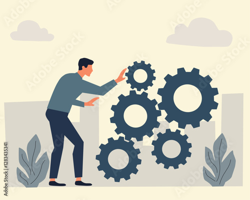 Flat vector illustration of a man adjusting interconnected gears, symbolizing teamwork, problem-solving, and efficiency. Ideal for business, engineering, and collaboration concepts