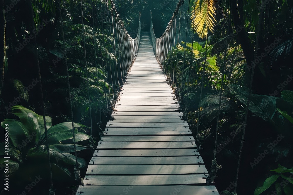 Fototapeta premium Sun Dappled Wooden Bridge in Lush Green Jungle