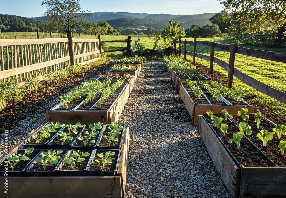 Obraz premium Sunlit Vegetable Garden with Wooden Raised Beds and Gravel Paths