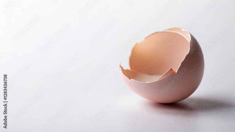 A delicate broken eggshell in a soft pink hue lies on a white surface A delicate broken eggshell in a soft pink hue lies on a white surface