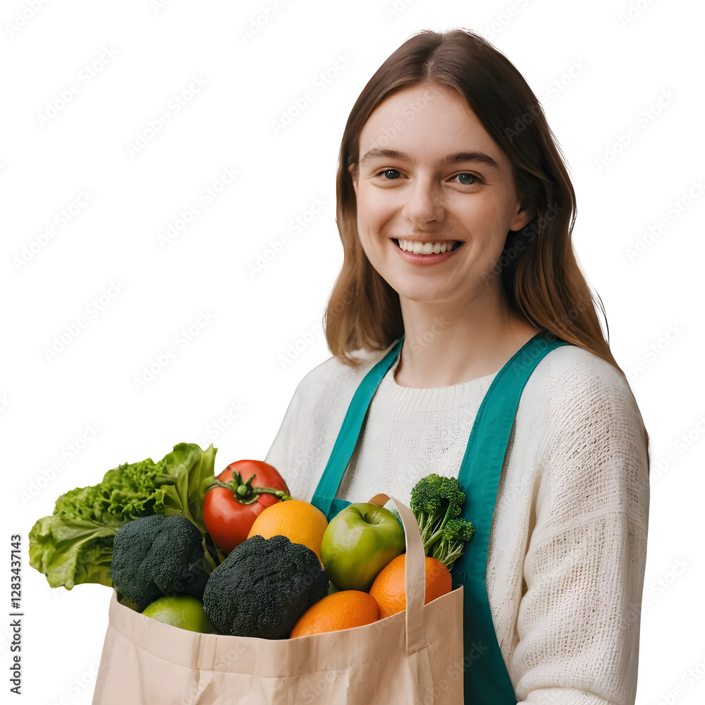 A young English woman smiling confidently holding a reusable grocery shopping bag on a Transparent Background PNG A young English woman smiling confidently holding a reusable grocery shopping bag on a Transparent Background PNG