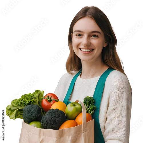 A young English woman smiling confidently holding a reusable grocery shopping bag  on a Transparent Background PNG