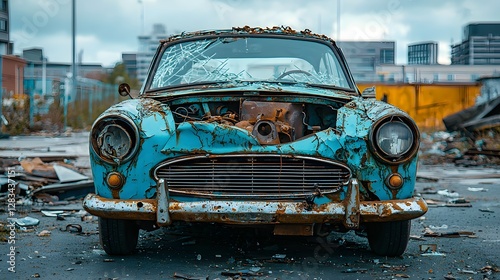 A broken down and dilapidated vehicle with missing parts and components sitting in a minimalist abandoned industrial or urban environment 