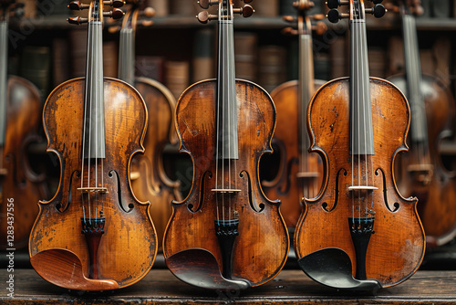 Showcase of antique violins, vintage musical instruments in a row. Production of antique string instruments.