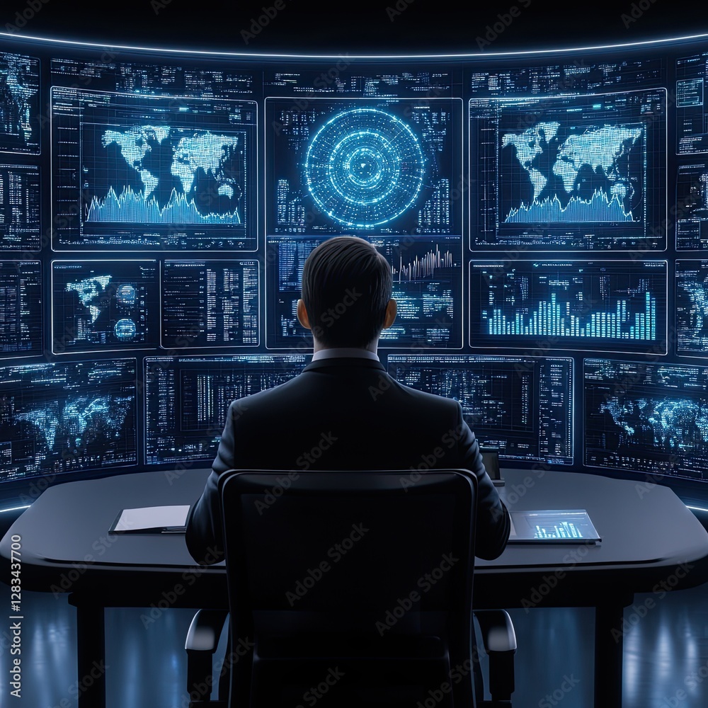 AI-Generated Business Concepts Man analyzing data with multiple digital screens. AI-Generated Business Concepts Man analyzing data with multiple digital screens.