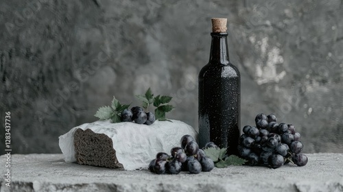 Still life composition of grapes, bread, and bottle on a stone surface. Possible use Food photography photo