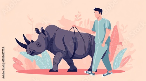 Young Man Leading Rhinoceros in Flat Illustration
