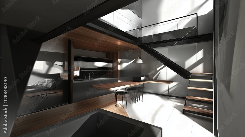 Obraz premium Contemporary Loft Interior: A modern, sunlit loft with a sleek, minimalist design, featuring a floating staircase, an open kitchen, and large windows that create a bright and airy atmosphere.