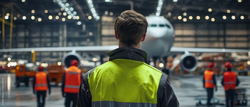 Man in safety vest standing in airplane hangar observing team of aircraft maintenance workers during inspection repair aviation industry operations. Man in safety vest standing in airplane hangar observing team of aircraft maintenance workers during inspection repair aviation industry operations.