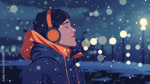 Stylish Man Listening to Music While Walking on a Snowy Day