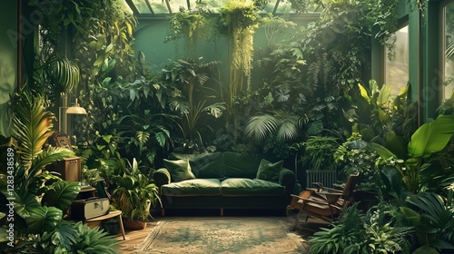 Urban Oasis: A verdant indoor garden with a cozy seating area. Lush plants cascade from above, creating a serene atmosphere for relaxation and contemplation.