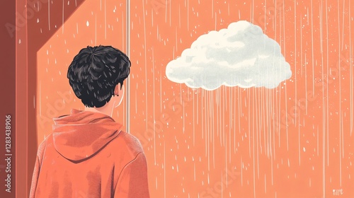 Young Man Thoughtful Looking at Illustrated Raining Cloud