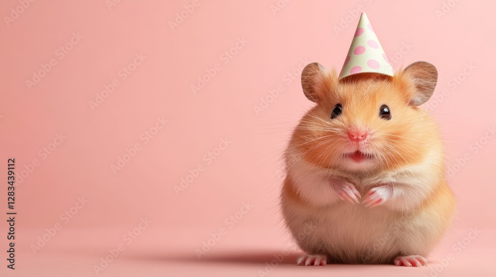 Hamster wearing a party hat is standing on a pink background. The hamster is looking at the camera with a smile on its face Hamster wearing a party hat is standing on a pink background. The hamster is looking at the camera with a smile on its face