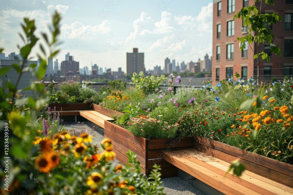 Fototapeta premium Urban Rooftop Garden with Colorful Flowers and Modern City Skyline in Bright Daylight