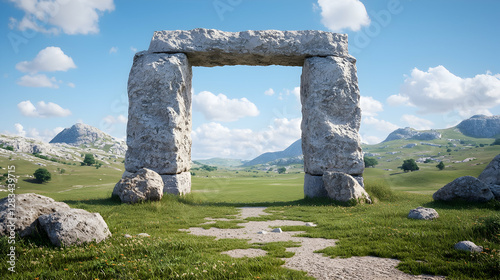Ancient stone arch stands as a gateway in a green grassy valley under a bright blue sky.