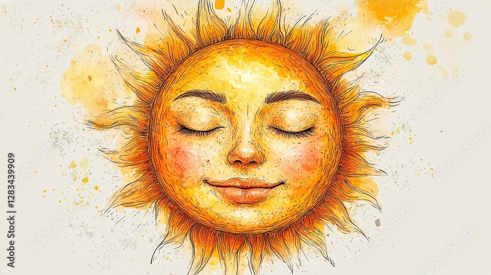 Hand-drawn sun with closed eyes and a gentle smile, symbolizing peace, happiness, positivity, calmness, and creative design with a warm, uplifting feel Hand-drawn sun with closed eyes and a gentle smile, symbolizing peace, happiness, positivity, calmness, and creative design with a warm, uplifting feel