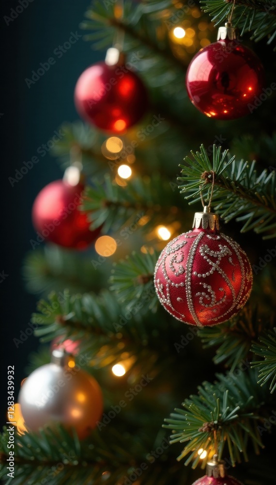 Close-up of intricately decorated Christmas tree branch with shiny lights and colorful baubles, winter scene, baubles Close-up of intricately decorated Christmas tree branch with shiny lights and colorful baubles, winter scene, baubles
