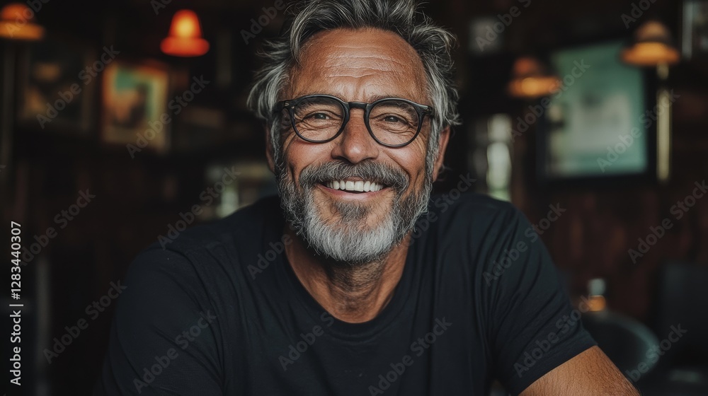 Man with glasses and a big smile is sitting at a table. He is wearing a black shirt and he is enjoying himself Man with glasses and a big smile is sitting at a table. He is wearing a black shirt and he is enjoying himself