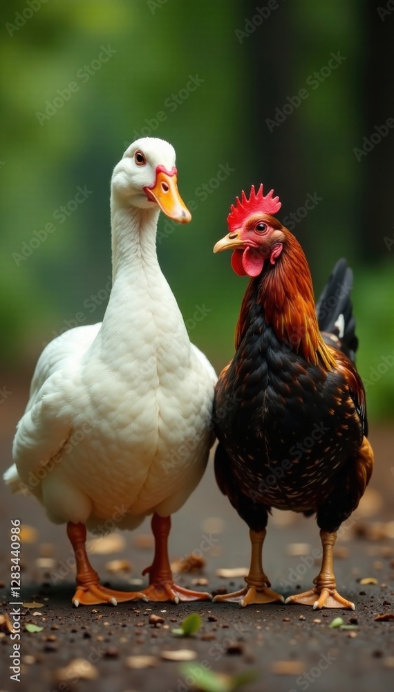 Fototapeta premium Duck and chicken standing together, farm animal, bird, landscape