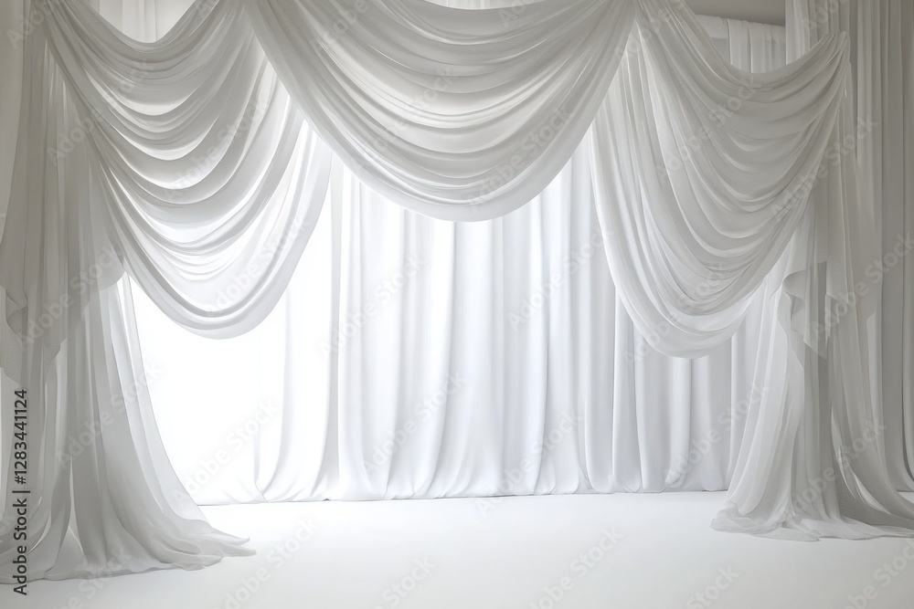 Elegant white drapery welcomes artistic expression in a minimalist performance space Elegant white drapery welcomes artistic expression in a minimalist performance space