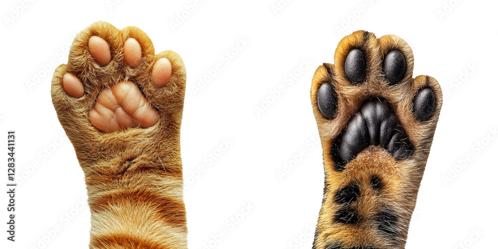 Obraz premium Playful cat paw reaching out for feline product label concept. Close-up of two animal paws, showcasing unique fur patterns and differing pad colors
