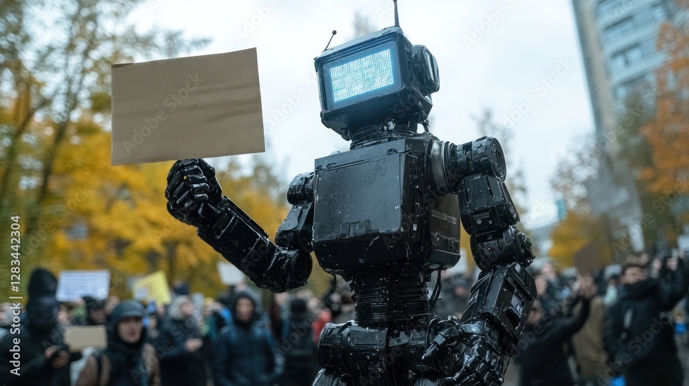 Protesters rally against artificial intelligence with a robot holding a blank sign Protesters rally against artificial intelligence with a robot holding a blank sign