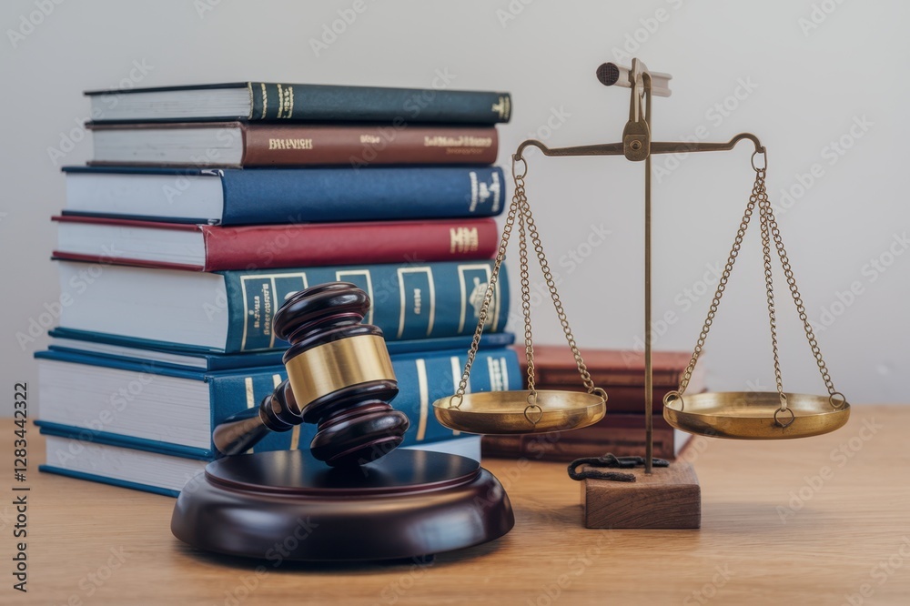 Gavel and scales of justice beside stacked law books on a wooden table Gavel and scales of justice beside stacked law books on a wooden table