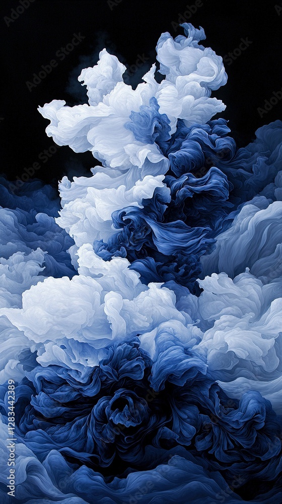 Blue and white cloud painting on black canvas against dark sky Blue and white cloud painting on black canvas against dark sky