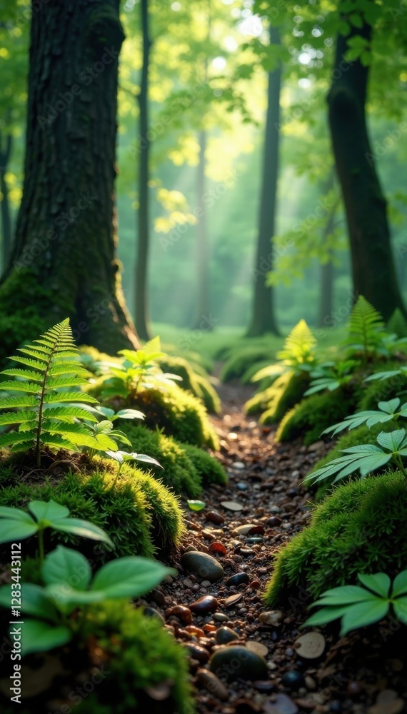 Fototapeta premium Earthy forest floor with ferns and moss, earthy, organic, nature