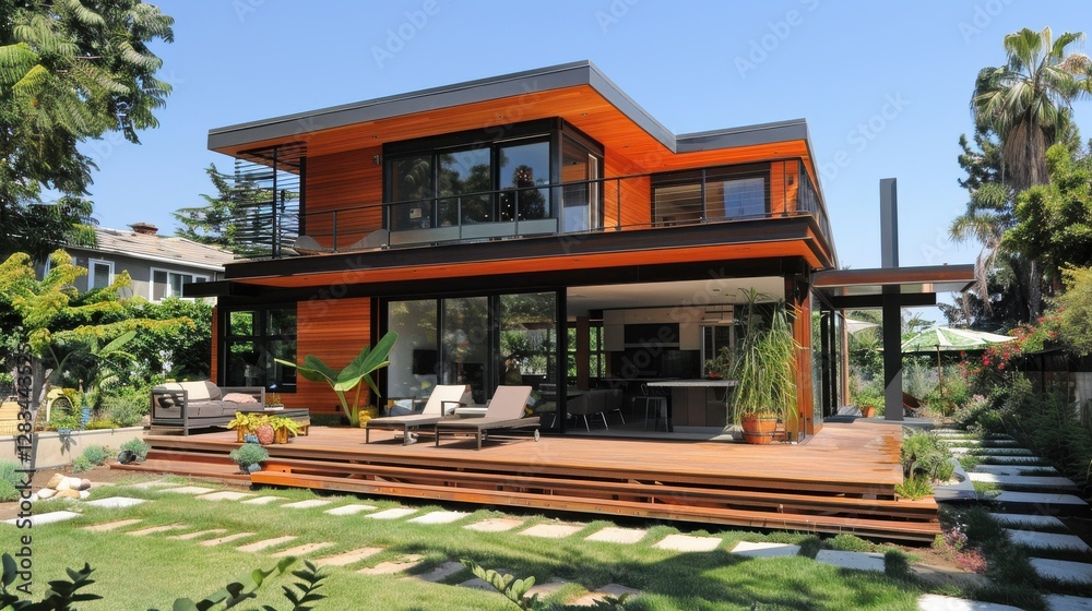 Modern wooden house with large windows and spacious terrace surrounded by green garden and palm trees under clear blue sky Modern wooden house with large windows and spacious terrace surrounded by green garden and palm trees under clear blue sky