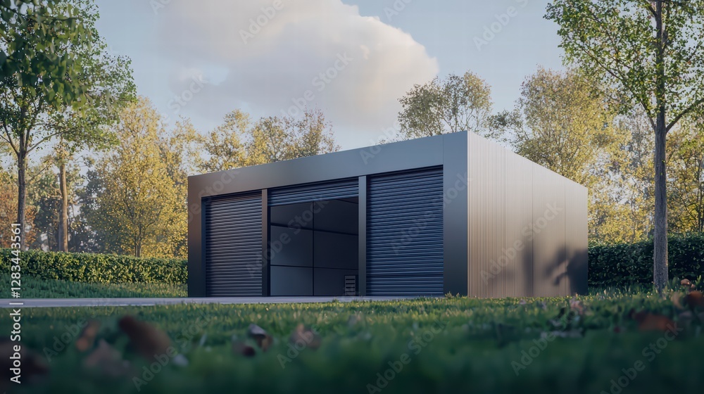 Obraz premium Modern Garage in Serene Setting: A sleek, modern garage with closed doors sits amidst lush greenery, with a tranquil atmosphere and design.