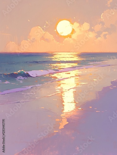 A sunset beach painting depicting the warm, radiant hues of the setting sun casting a soft glow over the tranquil sea
