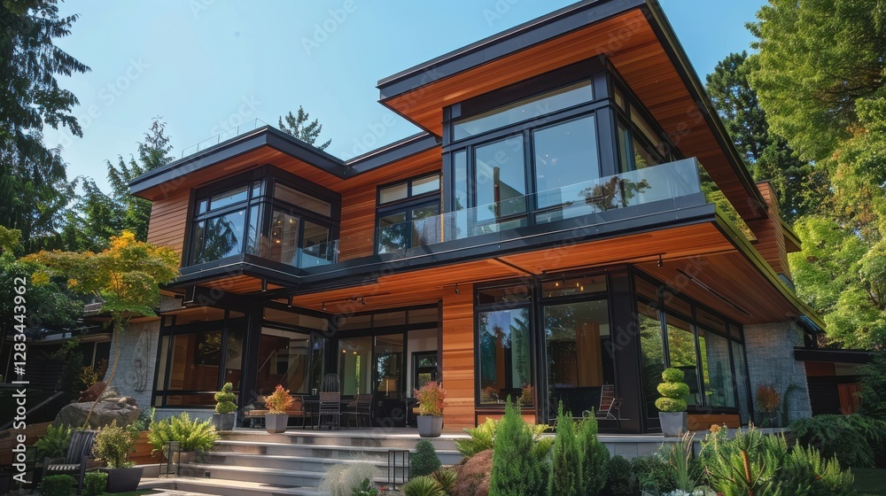 Modern Architectural Design with Large Windows Surrounded by Lush Greenery in a Serene Residential Setting