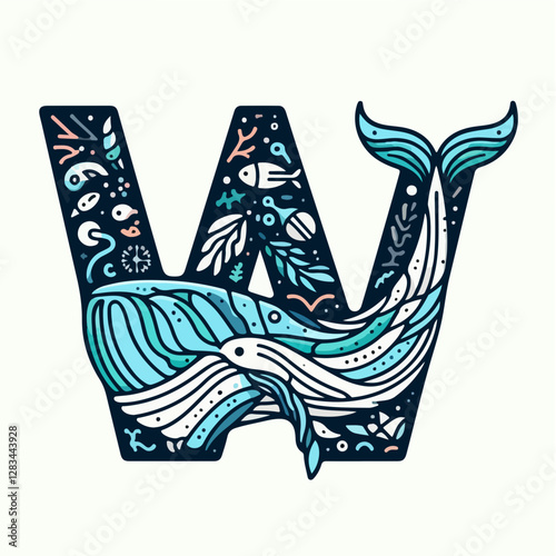 Whimsical "W" for Whale: An artful and imaginative design showcasing the letter "W" intertwined with a charming illustration of a whale, adorned with intricate aquatic elements.