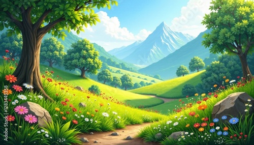 Earthy landscape with lush greenery and wildflowers, natural, foliage, nature