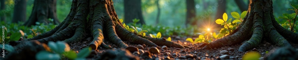 Earthy landscape with tree roots intertwined with glowing plant life, glow, nature, earthy Earthy landscape with tree roots intertwined with glowing plant life, glow, nature, earthy