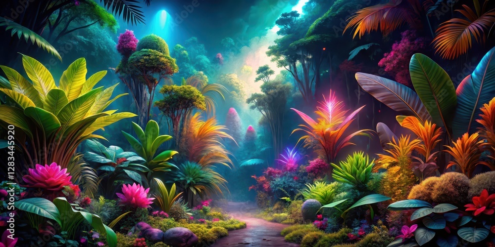 Obraz premium Dazzling neon jungle landscape with vibrant plants and flowers emitting a radiant glow, set amidst a darkened night sky, tropical vegetation, radiant glow