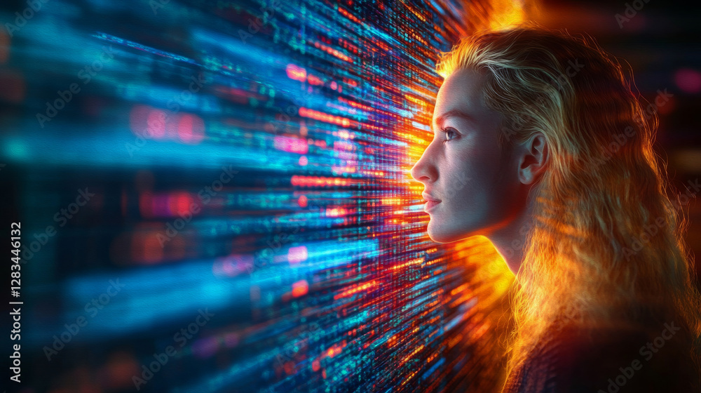 Futuristic Woman Analyzing Digital Data Streams in Cyber Environment Futuristic Woman Analyzing Digital Data Streams in Cyber Environment