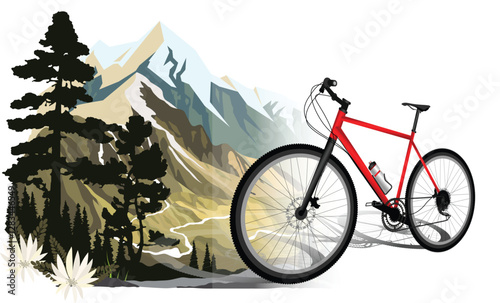 Realistic abstract mountain multi-speed bicycle vector detailed illustration on mountains background