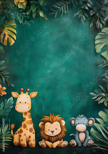 A playful illustration featuring a giraffe, lion, and monkey against a green backdrop.
