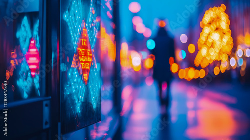 City's diamond beacon: a blurred pedestrian figure wanders amidst festive light, embodying urban nocturne atmosphere