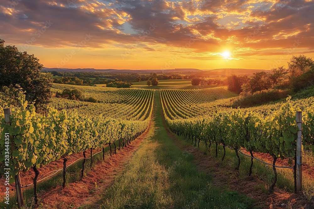 Obraz premium Serene sunset over lush vineyard rows, with vibrant skies and distant hills creating a tranquil scene