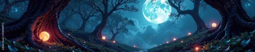 Obraz premium Eerie moonlit garden with glowing orbs and twisted vines, macabre, garden, moonlight