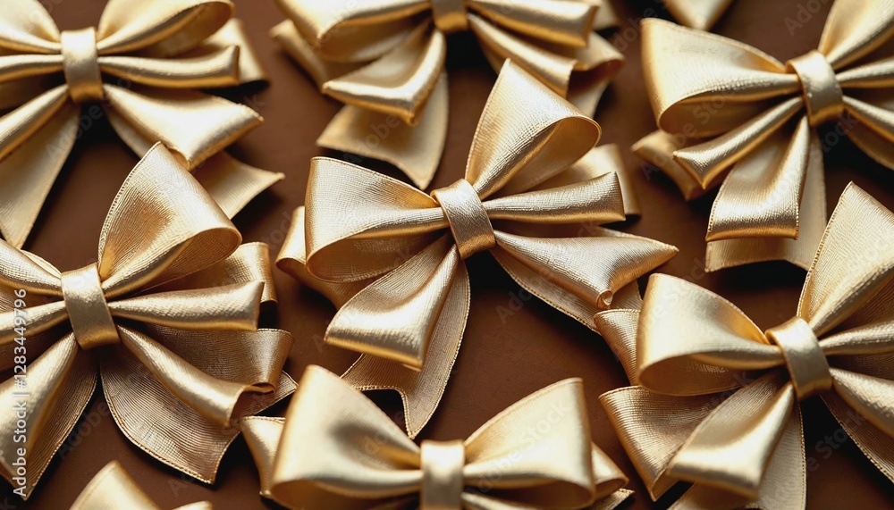 Elegant arrangement of shiny golden ribbon bows highlighting intricate textures Elegant arrangement of shiny golden ribbon bows highlighting intricate textures
