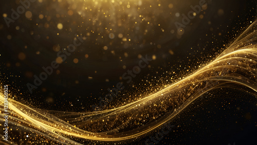Digital gold particles on an abstract wave and light background with stars and dazzling spots.