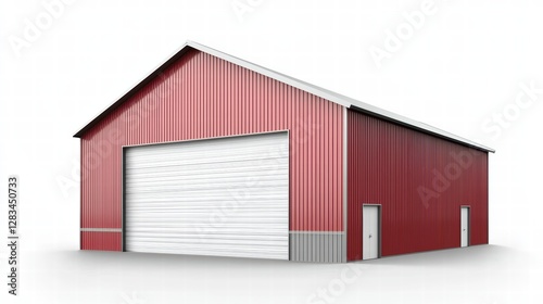 Red Metal Barn: A robust red metal barn, featuring a large roll-up door and a smaller side door, stands against a clean background.  Its design combines practicality and a modern aesthetic.