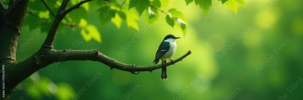 Elegant bird perched on curved tree branch surrounded by lush greenery, swirly branches, tree branches, forest Elegant bird perched on curved tree branch surrounded by lush greenery, swirly branches, tree branches, forest
