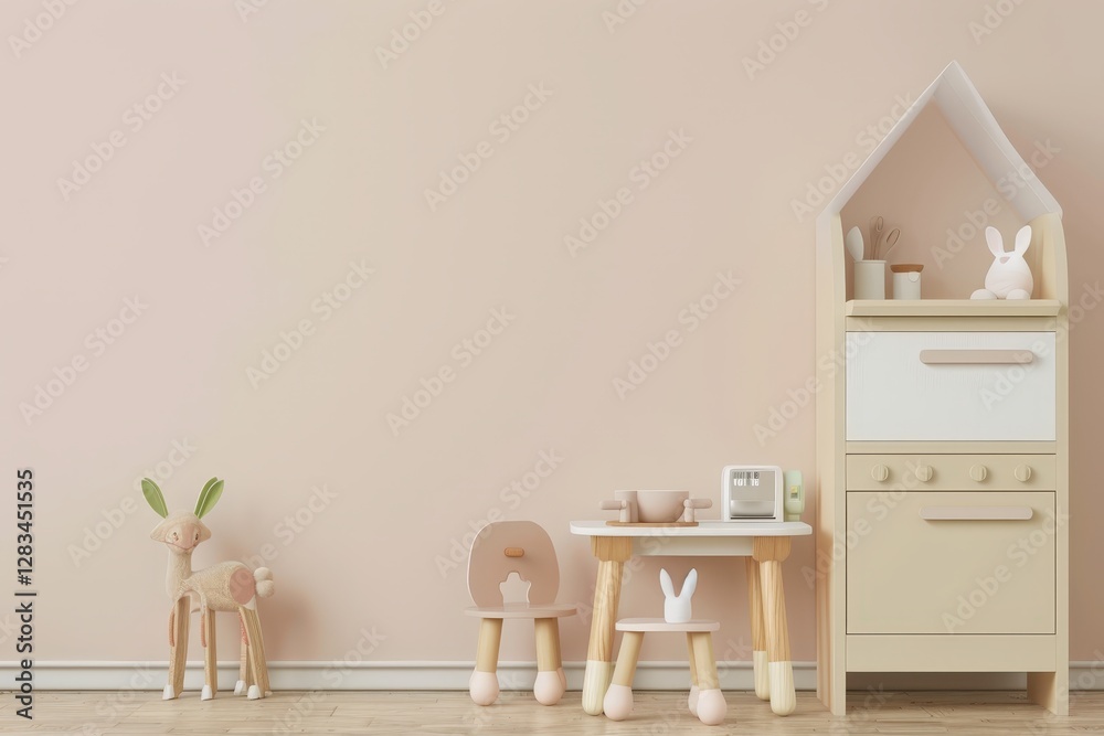 Fototapeta premium A pink and beige children s playroom with a toy kitchen. chairs. and a deer and bunny figurine There is a large blank wall. perfect for adding a mural. art. or decor