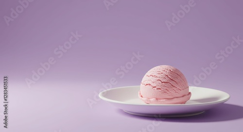 Pink ice cream scoop on white plate with purple background photo