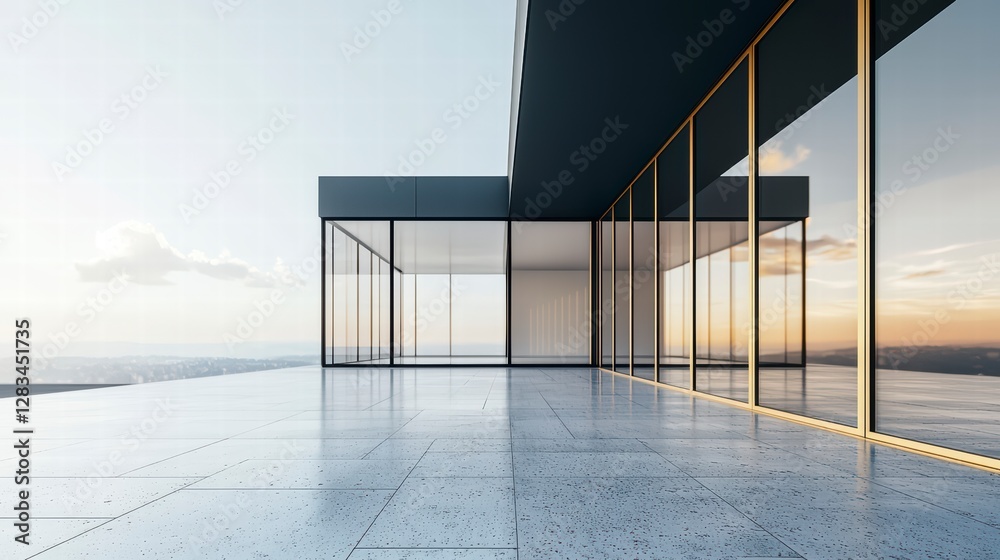 Obraz premium Modern Terrace with City View: A contemporary terrace, featuring sleek glass walls reflecting the cityscape, offers a panoramic view of the horizon, sky, and ocean.